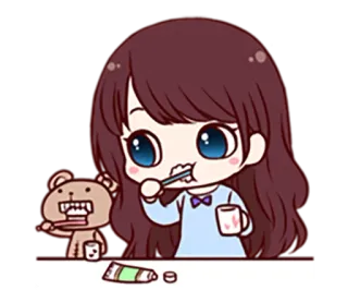 😀 만화, 소녀, 곰, 칫솔, 치약, 위생 telegram sticker