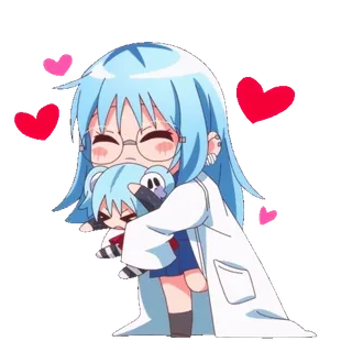 🥰 Anime, Słodkie, Kawaii, Serca, Kreskówka, Uścisk, Dziewczyna, Fartuch laboratoryjny telegram sticker