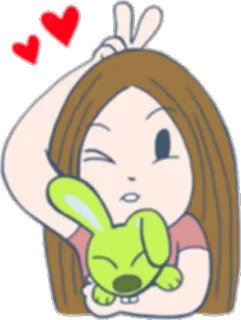 ✌ menina, paz, coelho, animal, desenho animado, fofo, corações telegram sticker