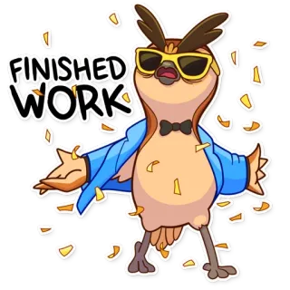 🕺 FINISHED WORK burung hantu, selesai, kerja, kacamata hitam, perayaan telegram sticker