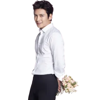 💐 homme, portrait, fleurs, bouquet, chemise blanche, pantalon de costume, asiatique, mariage whatsapp sticker
