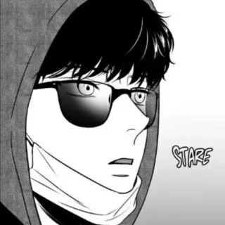 🍾 STARE Mann, Kapuzenpulli, Sonnenbrille, Starren, Schwarzweiß, Anime-Stil, Manga-Stil telegram sticker