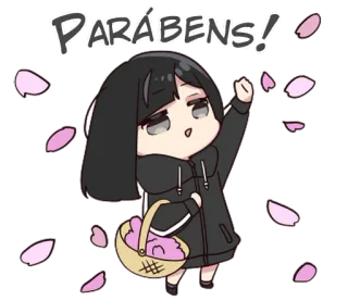 🥳 PARABÉNS! felicitaciones, celebración, chibi, pétalos, cesta, lindo whatsapp sticker