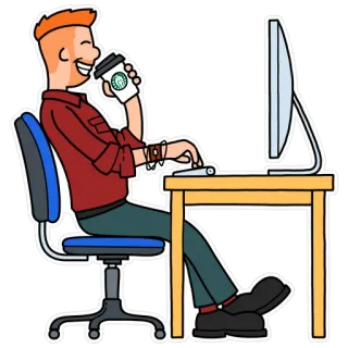 😁 man, coffee, computer, work, desk, chair, cartoon, sitting telegram sticker