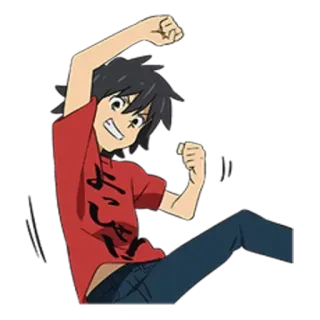 🙌 よろしく Anime, Mangá, Personagem, Texto japonês, Saudação, Camiseta vermelha, Animado telegram sticker