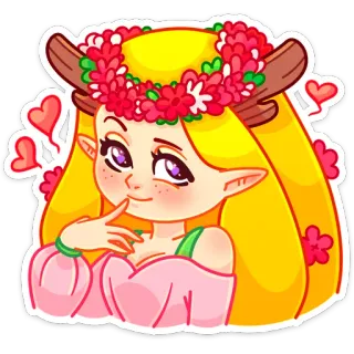 😍 elfo, fantasía, lindo, dibujos animados, personaje, flores, corazones telegram sticker