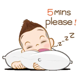 😴 5 mins please! dormir, siesta, dibujos animados, lindo, almohada, cansado, descanso, pausa whatsapp sticker