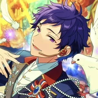😄 Anime, Masculino, Personagem, Cabelo roxo, Brincos, Sorriso, Retrato whatsapp sticker