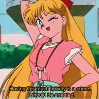 😘 Sailor Venus Sailor Moon Having this much beauty is a crime. I should be arrested. Anime, Sailor Moon, Sailor Venus, Minako Aino, Kecantikan, Kejahatan whatsapp sticker