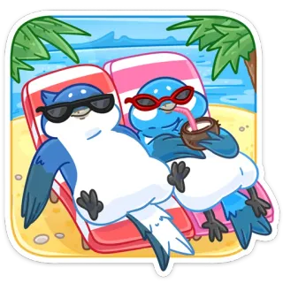 😎 Strand, Vögel, Sonnenbrille, Entspannung, Urlaub, Sommer, Handtuch, Kokosnuss Drink whatsapp sticker