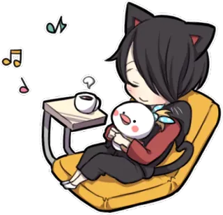 ☕ Chibi, Katzenohren, Süß, Kawaii, Anime, Katze, Noten, Kaffee telegram sticker