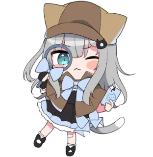 🔍 อนิเมะ, สาวหูแมว, นักสืบ, แว่นขยาย, การ์ตูน, คาวาอิ, จิบิ telegram sticker