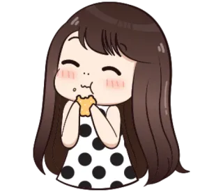 🥯 Desenho animado, Menina, Fofa, Lanche, Comendo, Vestido de bolinhas whatsapp sticker