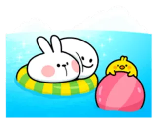 😳 мультфильм, милый, кролик, цыпленок, плавание, лето, очаровательный whatsapp sticker