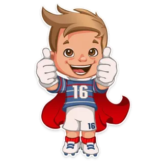 👍 16 desenho animado, criança, futebol, polegar para cima, número 16, capa vermelha, luvas telegram sticker