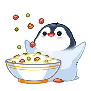 🥗 Pinguin, süß, Cartoon, Essen, Reis, Schüssel telegram sticker