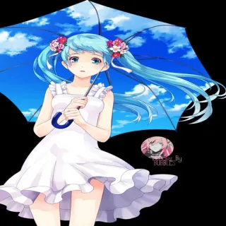 😮 Anime, Mädchen, Regenschirm, blaue Haare, Sommer, süß, Kleid, Illustration, Cartoon whatsapp sticker