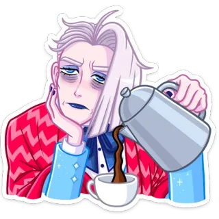 ☕️ cansado, café, exausto, servindo café, desenho animado, personagem whatsapp sticker