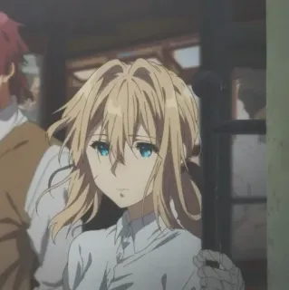 🦋 Violet Evergarden anime, chica, pelo rubio, ojos azules, triste, personaje, animado whatsapp sticker