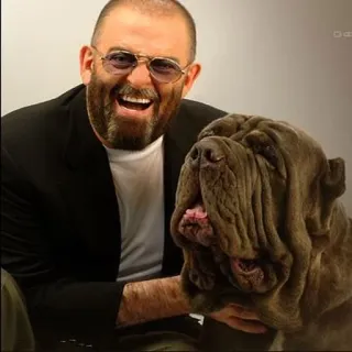 😃 mężczyzna, pies, portret, uśmiechnięty, szczęśliwy, mastif neapolitański telegram sticker