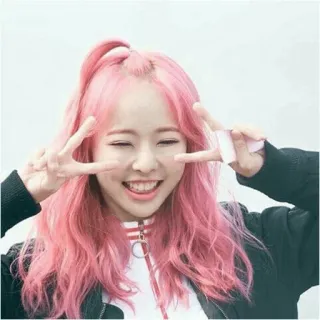 ✖️ 여자, 분홍 머리, 미소, 평화 기호, 귀여운, K팝 telegram sticker