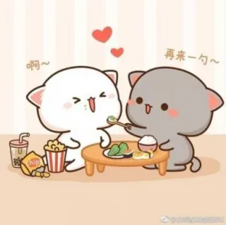 🐱 啊~ 再来一勺~ mignon, kawaii, dessin animé, chats, manger, nourriture, amour telegram sticker