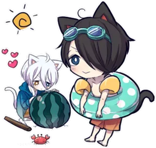 🌞 애니메이션, 고양이 귀, 여름, 수박, 만화, 카와이, 해변, 치비 telegram sticker