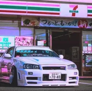 💟 auto, automotive, 7-Eleven, veicolo, Nissan, R34, JDM, auto giapponese telegram sticker
