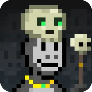 💀 teschio, pixel art, mago, scheletro, bastone, fantasy telegram sticker