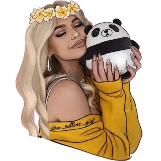 🐼 @m_outline_girl 만화, 스티커, 금발 머리, 판다, 꽃 왕관, 인물 사진, 여자 telegram sticker