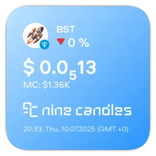 📊 BST
0 %
$0.0513
MC: $1.36K
nine candles
20:33, Thu, 10.07.2025 (GMT +0) telegram sticker