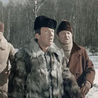 🤨 men, winter, fur coat, hats, snow, outdoors, russian telegram sticker