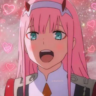 😍 Zero Two Darling in the Franxx @riordonedits Аниме, Zero Two, Darling in the Franxx, розовые волосы, рога, Вайфу telegram sticker