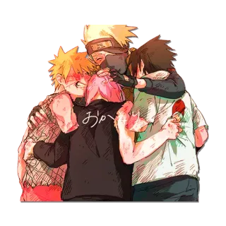 😊 Naruto おか アニメ, グループハグ, 第七班, 友達, ナルト, サクラ, サスケ, カカシ telegram sticker