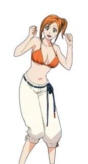 😃 anime, woman, bikini, orange, white pants, cartoon telegram sticker