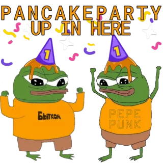 👯‍♀️ Pepe the Frog PANCAKE PARTY UP IN HERE มีม, เปเป้, ปาร์ตี้แพนเค้ก, การเฉลิมฉลอง, กบ, อารมณ์ขัน telegram sticker