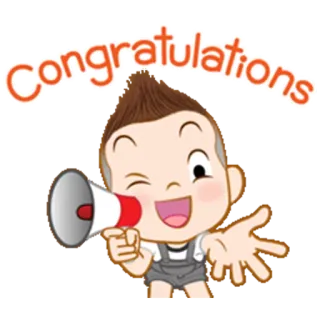 📢 Congratulations felicitaciones, dibujos animados, megáfono, celebración, niño, guiño whatsapp sticker