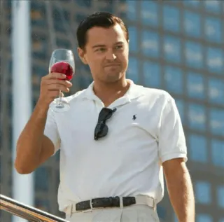 ❤ Leonardo DiCaprio The Wolf of Wall Street Leonardo DiCaprio, The Wolf of Wall Street, drinking, wine, casual, luxury, polo shirt telegram sticker