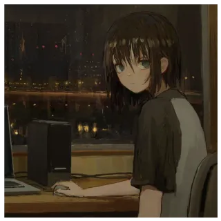 ✏️ Anime, Fille, Ordinateur, Nuit, Fenêtre, Bureau telegram sticker
