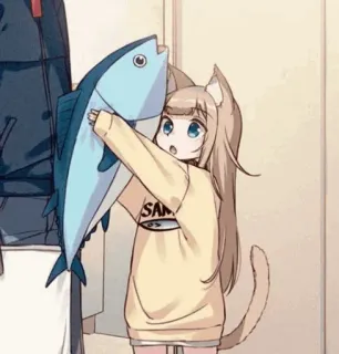 🧡 dziewczyna anime, kocia dziewczyna, ryba, kawaii, słodkie, manga telegram sticker