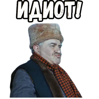 😂 ИДИОТ! insult, russian, idiot, fur hat, man, scarf telegram sticker