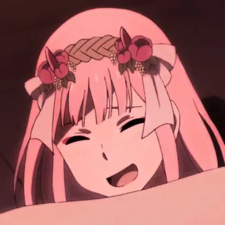 🍓 Zero Two Darling in the Franxx Anime, Mädchen, rosa Haare, Lächeln, süß telegram sticker