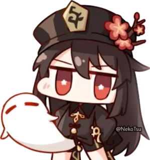 🍆 Hu Tao Genshin Impact @NekoTsu Anime, Genshin Impact, Hu Tao, Fantôme, Mignon, Chibi, Jeu vidéo whatsapp sticker