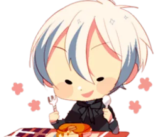 🥘 anime, chibi, kawaii, cute, eating, dessert, spoon, fork whatsapp sticker