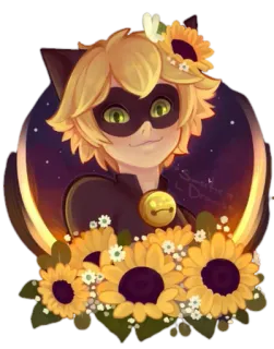 😺 Cat Noir Miraculous: Tales of Ladybug & Cat Noir Fanart, Miraculous Ladybug, Cat Noir, Sonnenblumen, Zeichentrickfigur telegram sticker