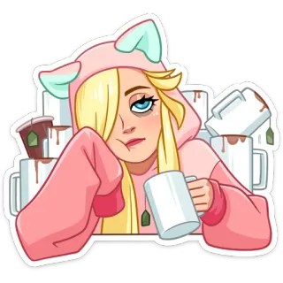 😒 dessin animé, femme, fatiguée, thé, tasses, pyjama whatsapp sticker
