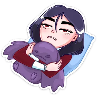 😴 การ์ตูน, เศร้า, กอด, หมอน, ผู้หญิง telegram sticker