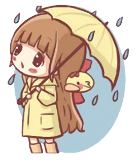☔ Mädchen, Regenschirm, Regenmantel, Regen, süß, Cartoon, Chibi, Ente telegram sticker