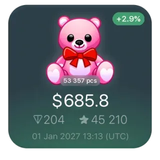 🧸 +2.9%
53 357 pcs
$685.8
204
45 210
01 Jan 2027 13:13 (UTC) 玩具, 泰迪熊, 粉色, 价格, 库存, 投资 telegram sticker