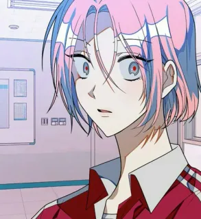 😧 anime, manga, character, pink hair, blue hair, red eyes telegram sticker